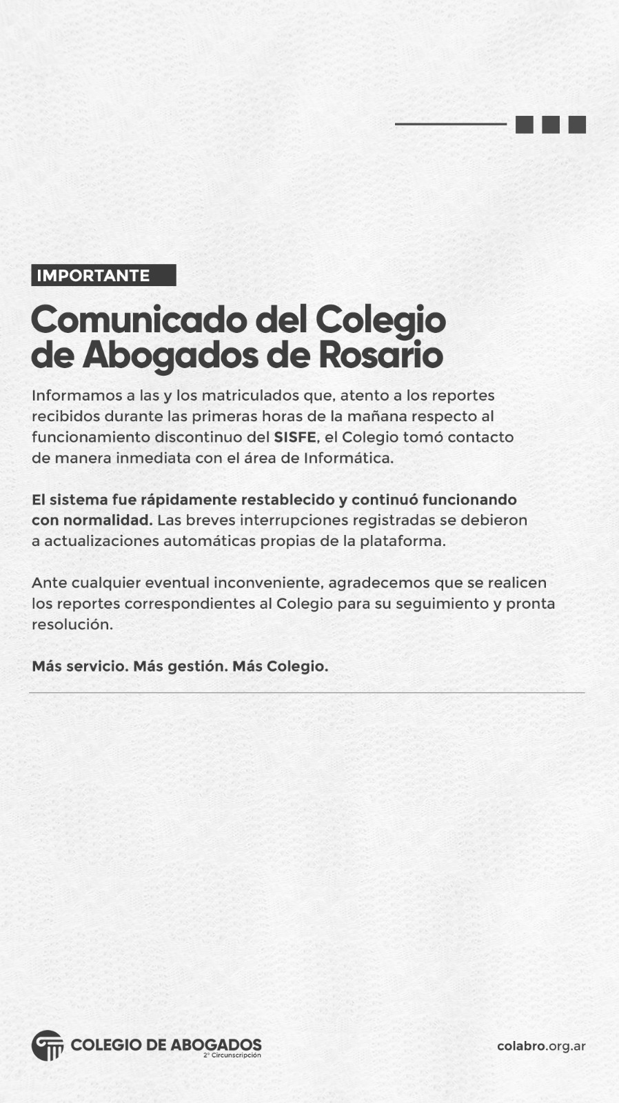 COMUNICADO DEL COLEGIO DE ABOGADOS DE ROSARIO